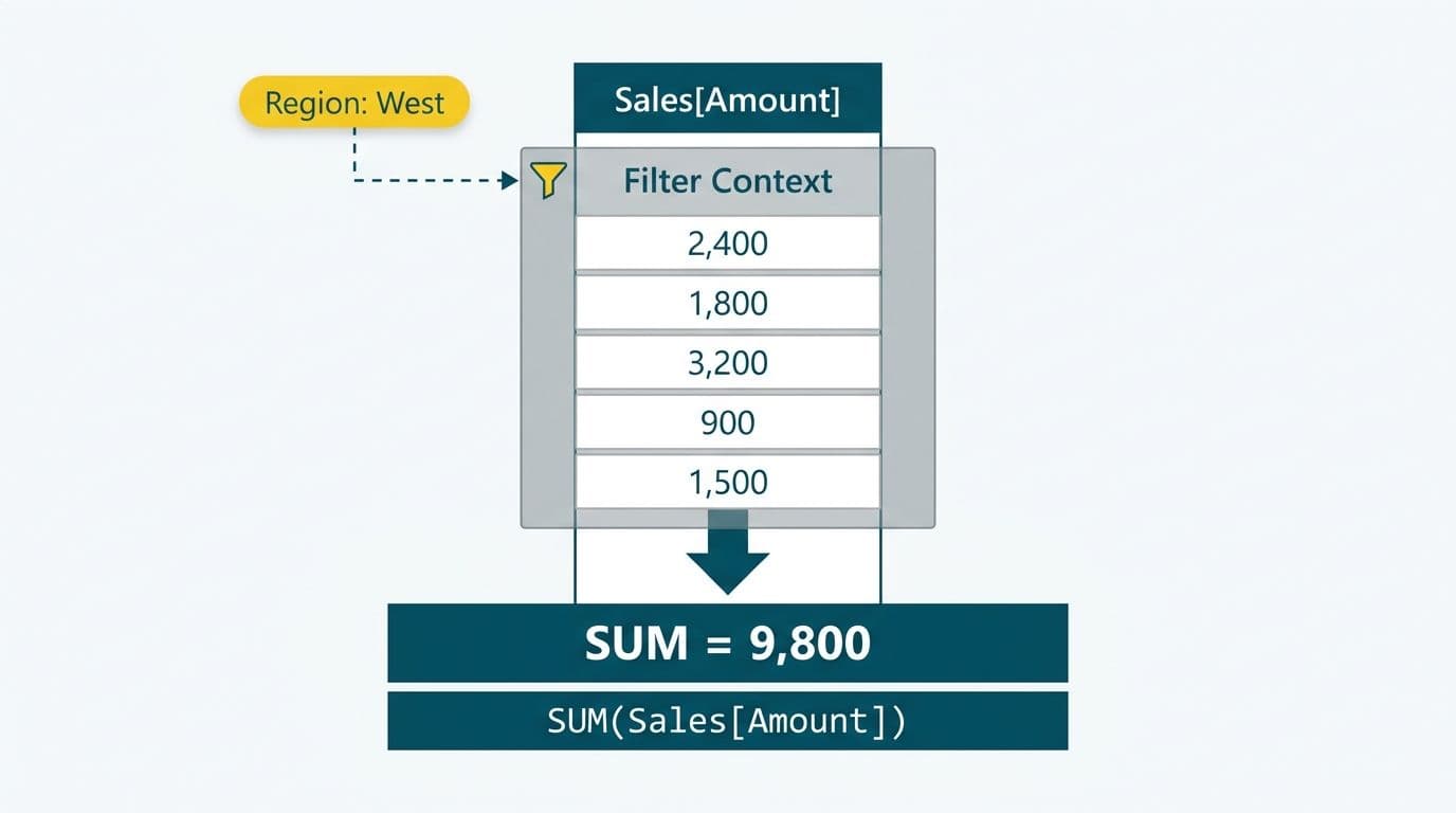 Single data column filtered by region context with a downward arrow summing to a total result block