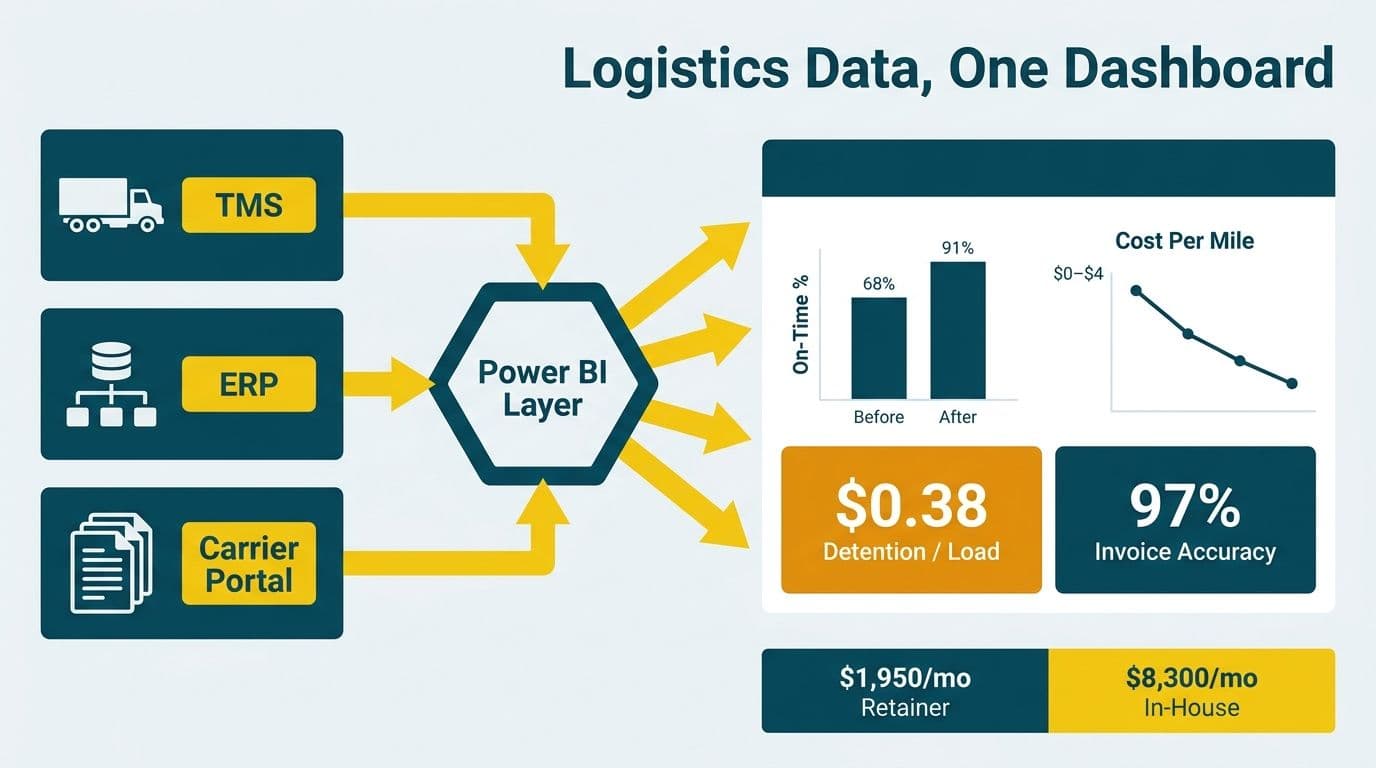 Three logistics data sources flowing into a Power BI dashboard showing carrier performance, cost-per-mile, and invoice accuracy metrics