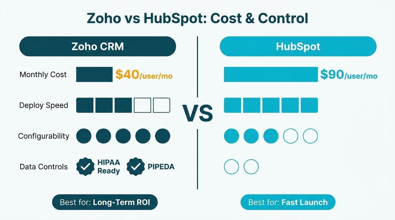 Scorecard comparing Zoho CRM at $40 versus HubSpot at $90 per user across cost, deploy speed, configurability, and compliance controls