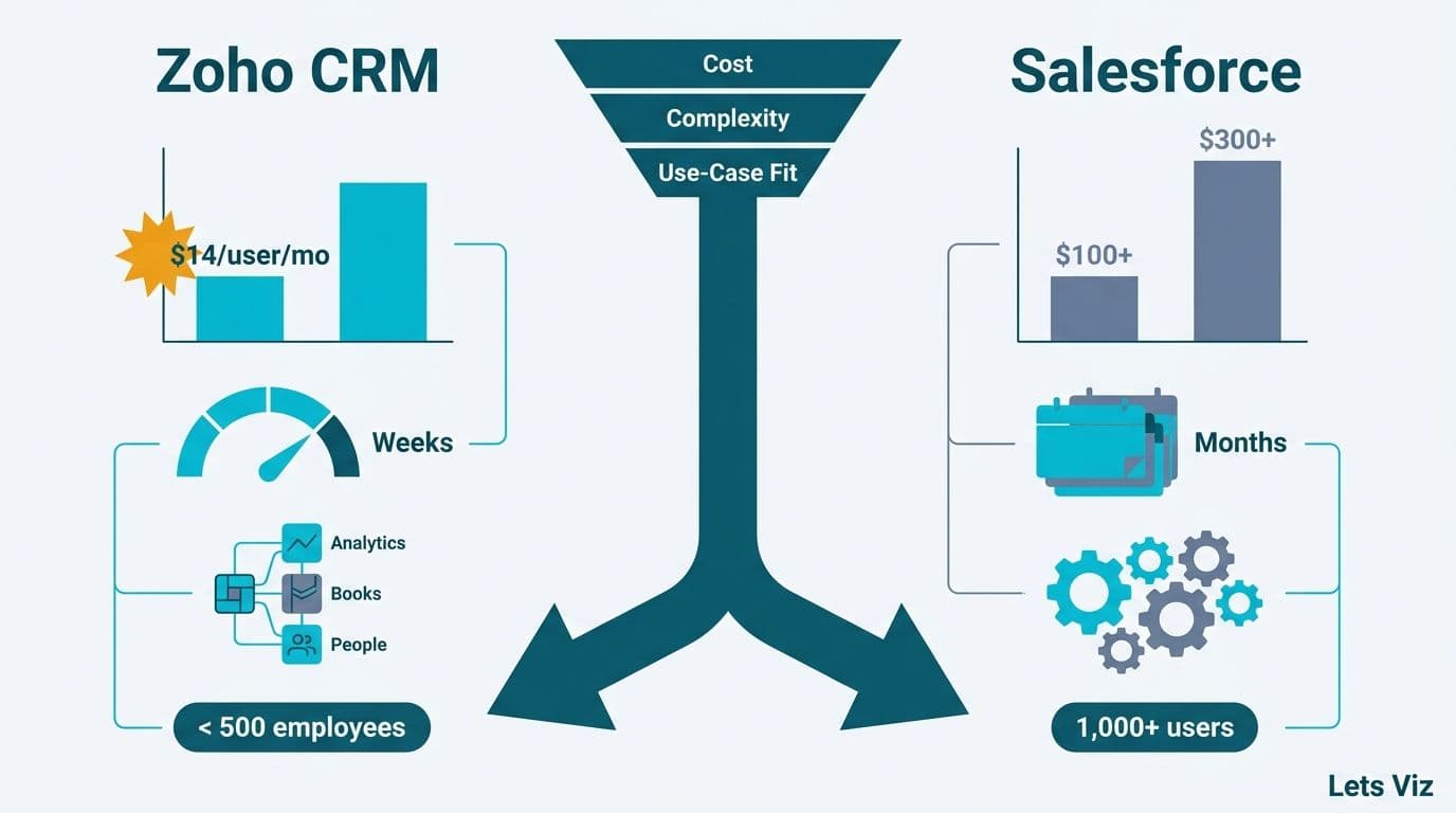 Split panel comparing Zoho CRM cost and speed against Salesforce enterprise complexity with a decision funnel