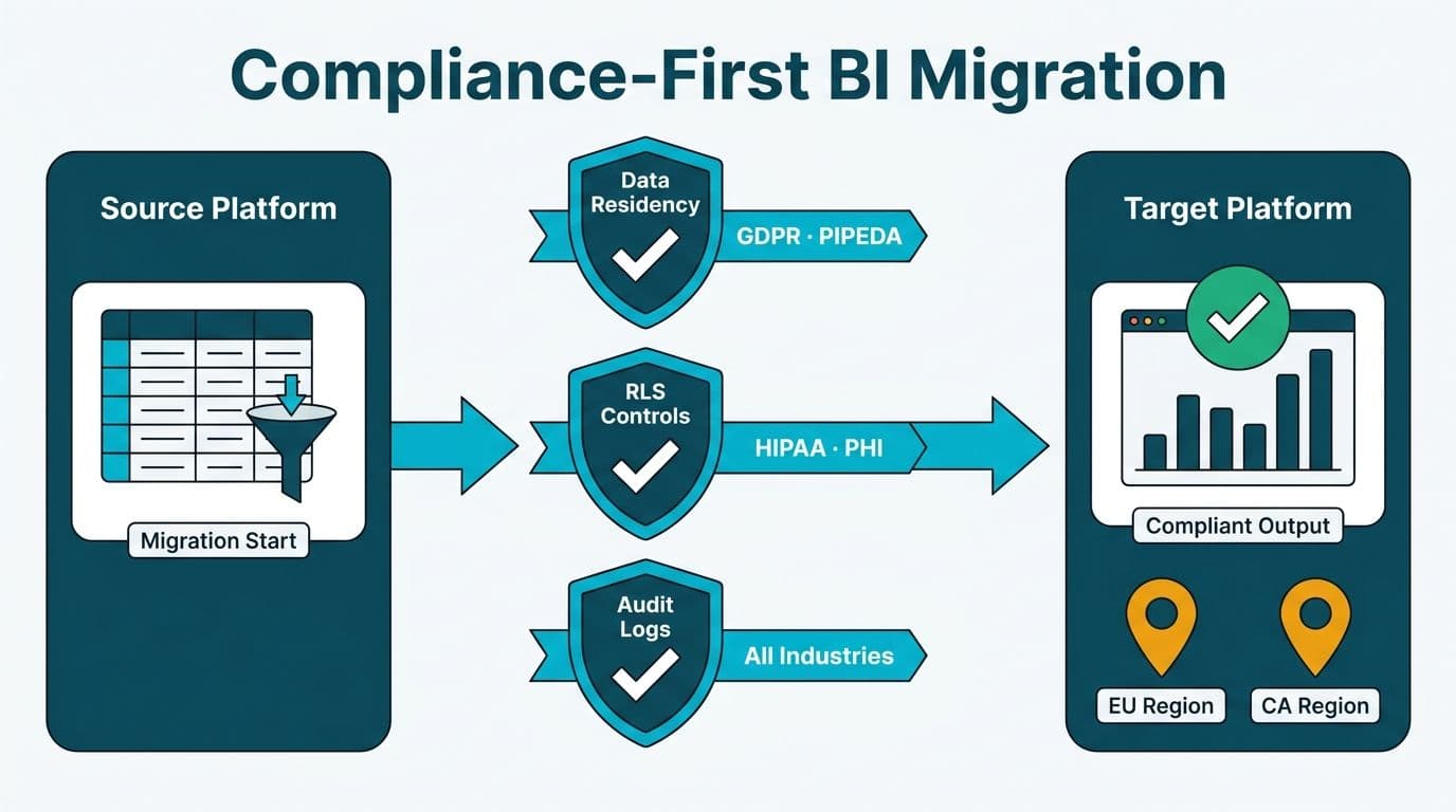 Three-column compliance migration pipeline with data residency, RLS, and audit log shield checkpoints for HIPAA and GDPR