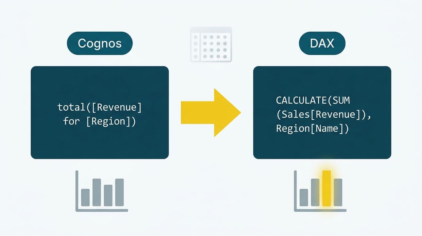 Cognos total() expression mapped by arrow to DAX CALCULATE SUM with filter context icons