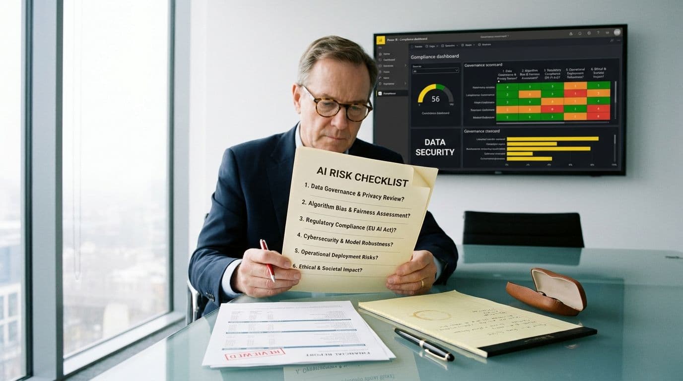 A CFO at a desk reviewing a printed AI risk checklist with six questions marked, next to a laptop showing a Power BI dashboard and a compliance document