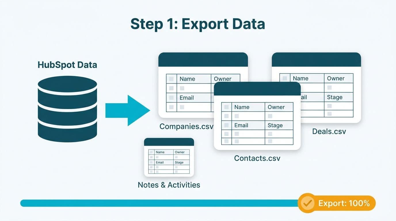 HubSpot database exporting contacts, deals, and companies as labeled CSV file cards