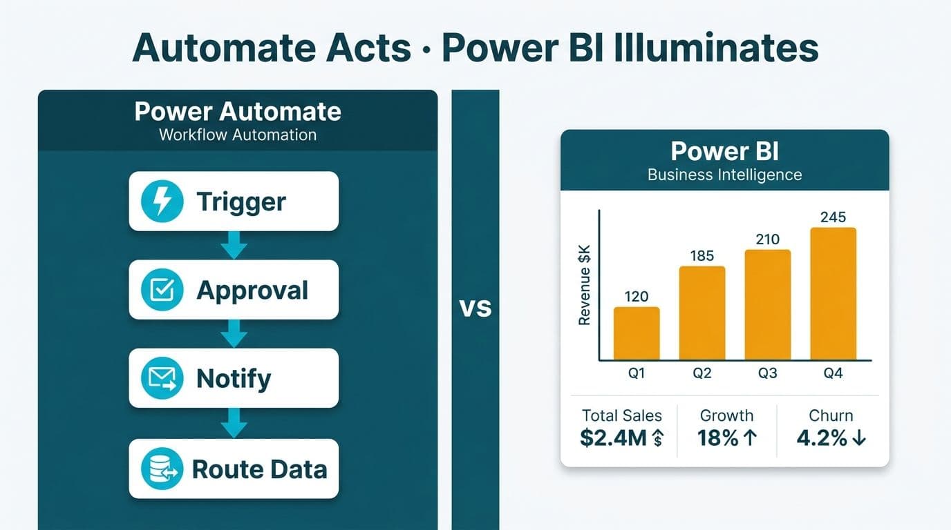 Split diagram contrasting Power Automate's trigger-to-action workflow flow with a Power BI dashboard showing bar charts and KPI tiles