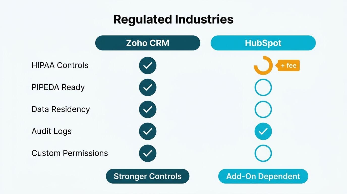 Compliance checklist showing Zoho CRM with five checkmarks versus HubSpot with gaps on HIPAA, PIPEDA, and data residency rows