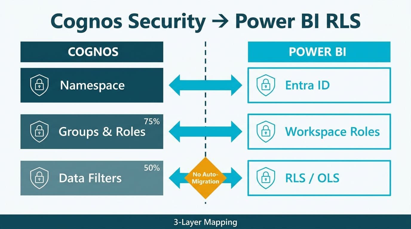 Side-by-side architecture diagram mapping Cognos namespace and role layers to Power BI Entra ID and RLS