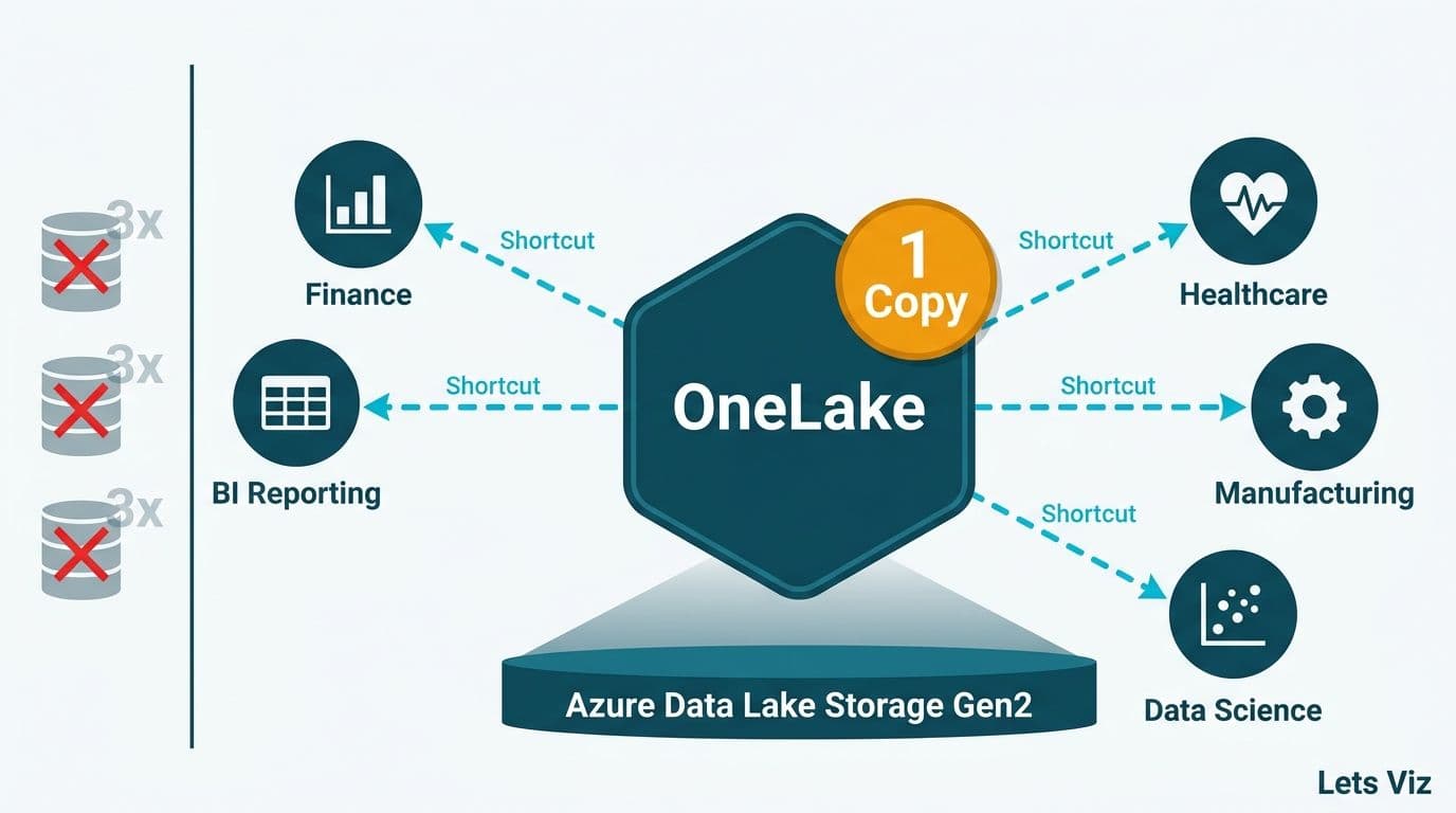 One central OneLake hexagon with shortcut arrows connecting five labeled workspace nodes, replacing three redundant storage silos