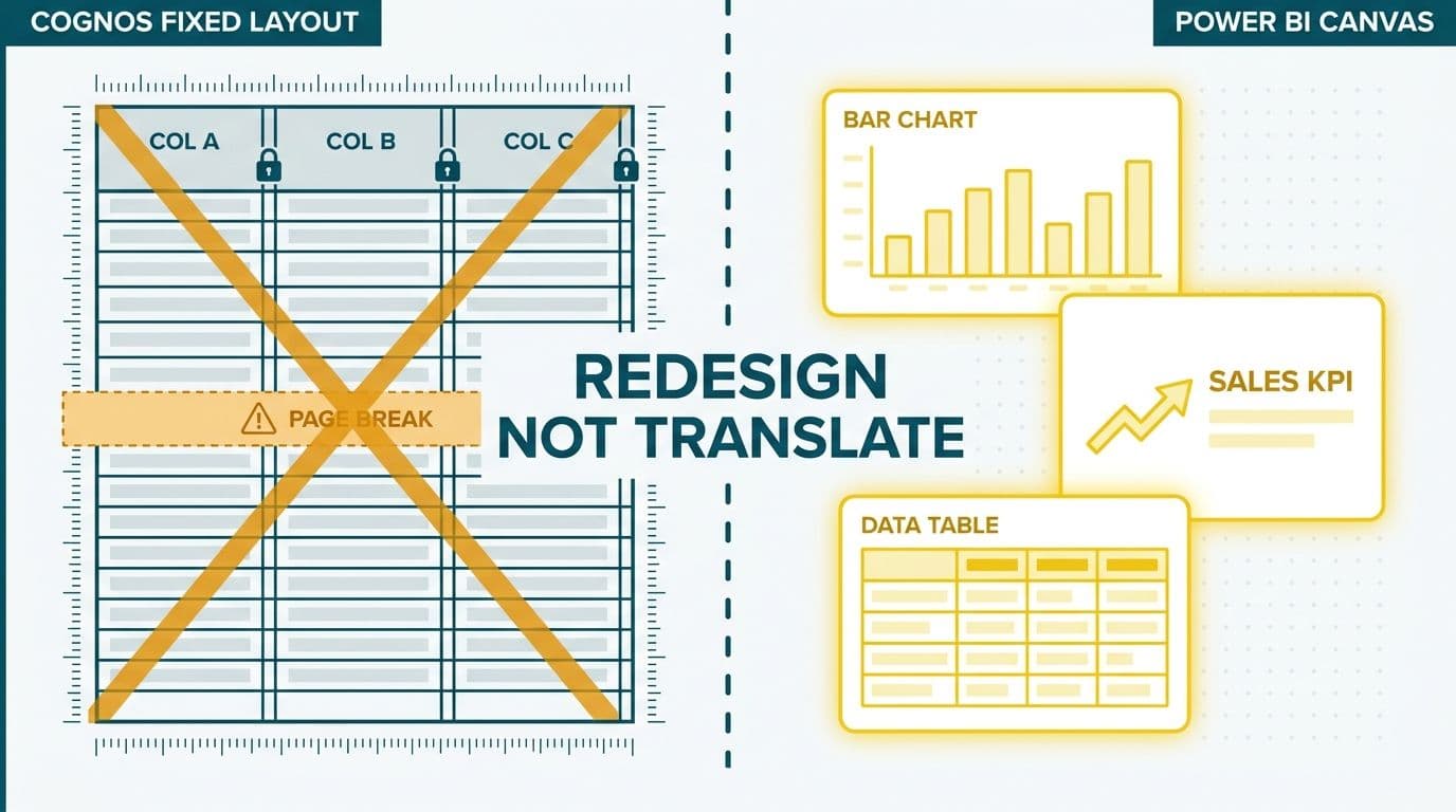 Cognos locked pixel-perfect report grid contrasted with Power BI freely resizable responsive canvas tiles