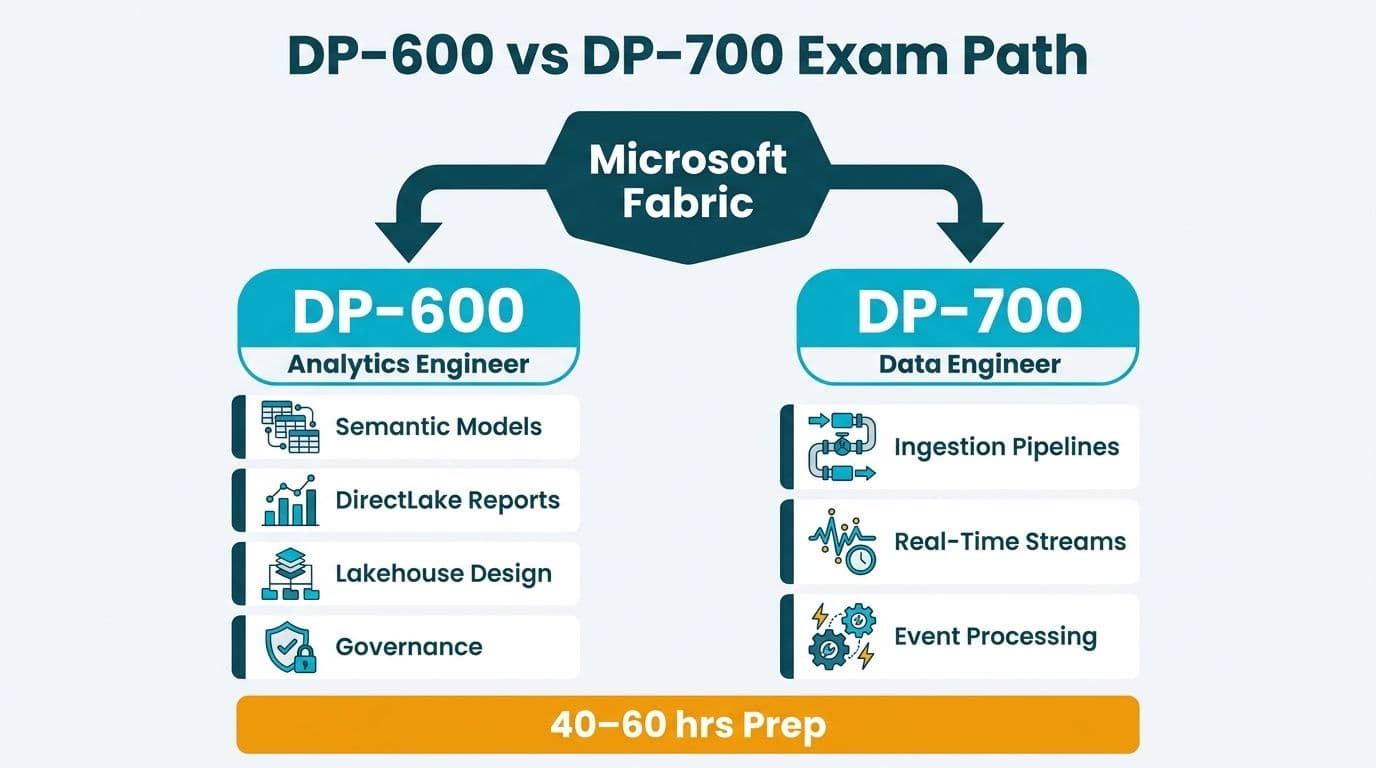 Forked path diagram splitting Microsoft Fabric into DP-600 Analytics Engineer and DP-700 Data Engineer certification tracks