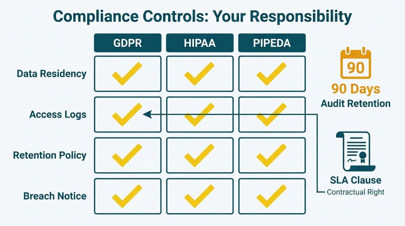 Compliance checklist table for GDPR, HIPAA, and PIPEDA with audit retention days and SLA clause callout