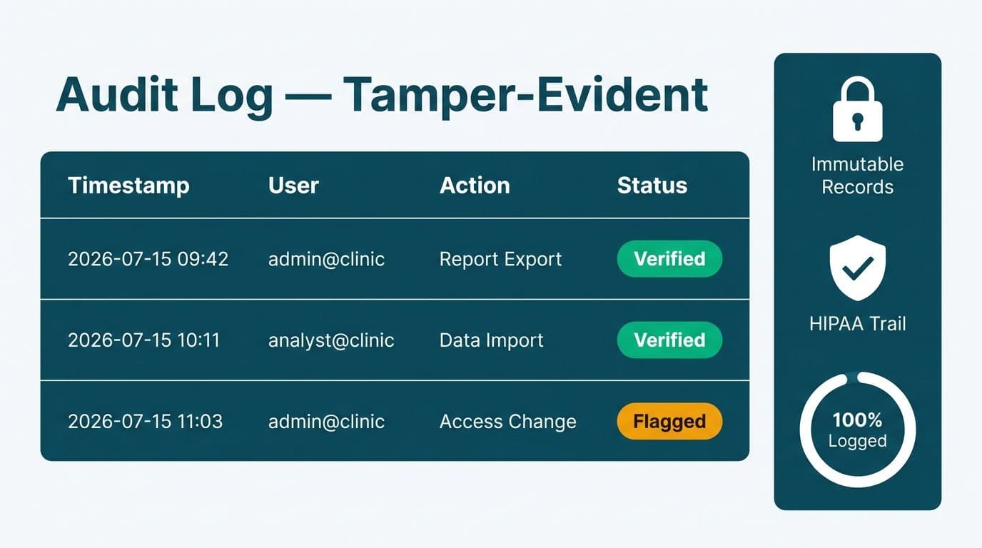 Tamper-evident audit log table with timestamped rows, verified and flagged status badges, and a HIPAA compliance trail summary panel
