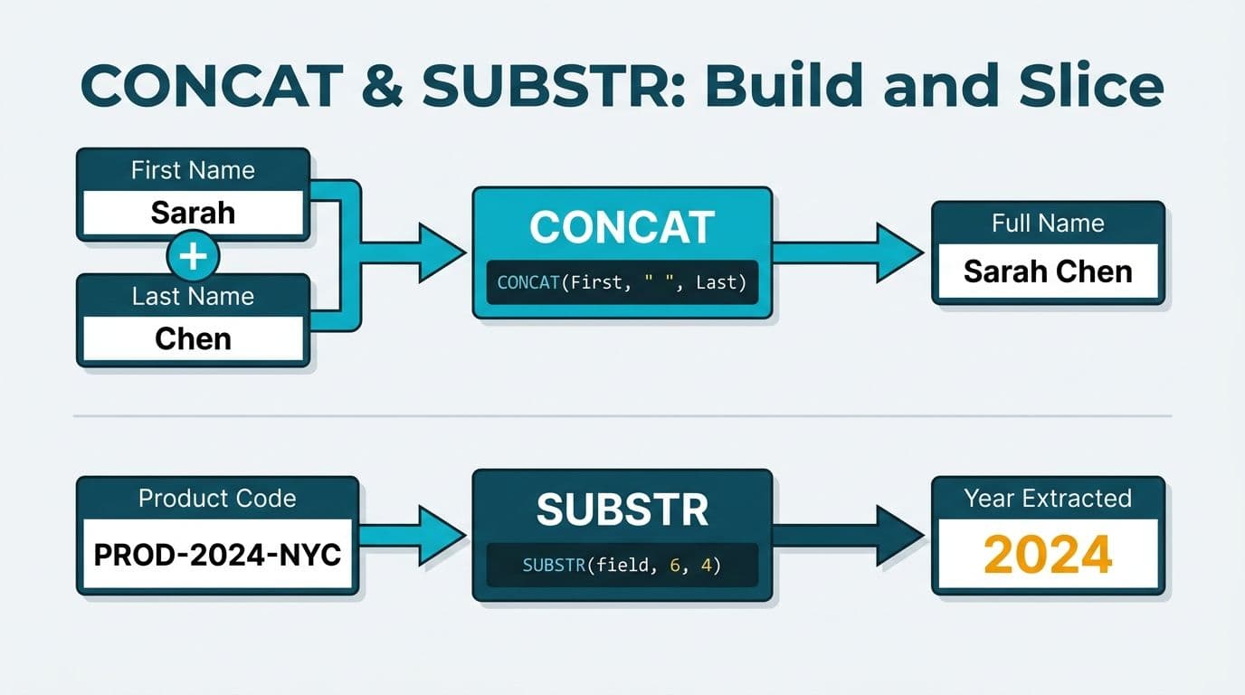CONCAT combining First Name and Last Name fields, and SUBSTR extracting a four-digit year from a product code