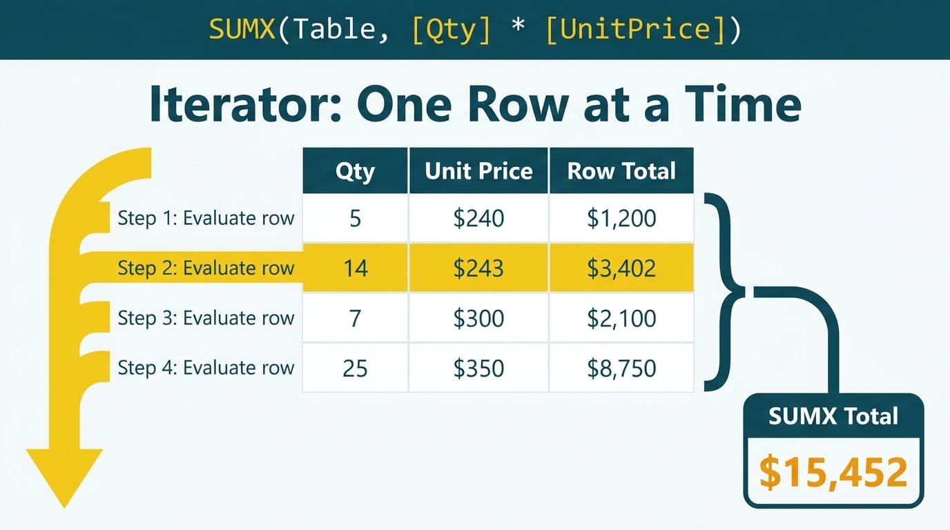 Invoice table with looping step arrows showing SUMX evaluating each row individually before aggregating to a final total