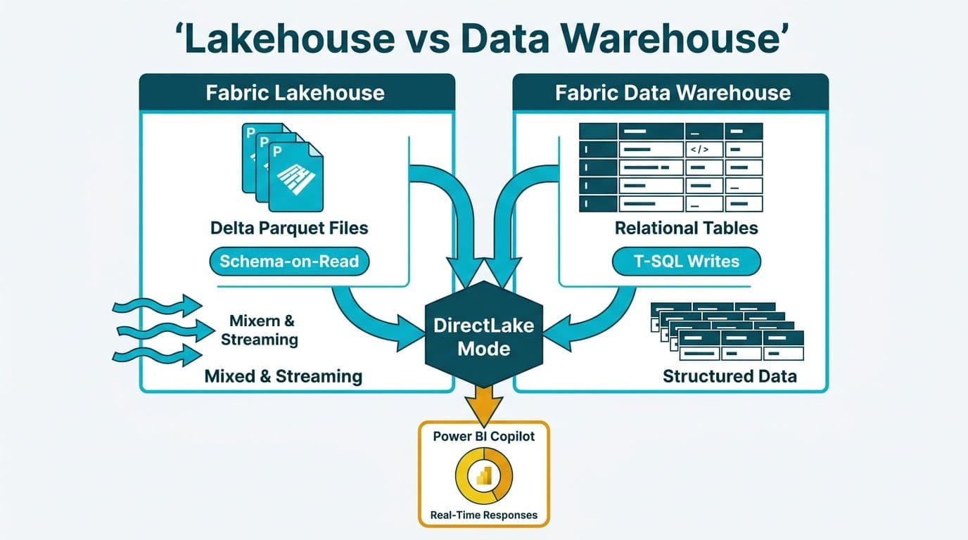 Split diagram comparing Fabric Lakehouse and Data Warehouse both feeding Power BI via DirectLake mode