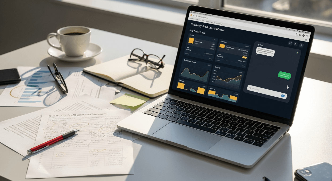 A finance analyst's desk with an annotated P&L statement and a laptop showing a Power BI-style dashboard alongside an AI chat panel