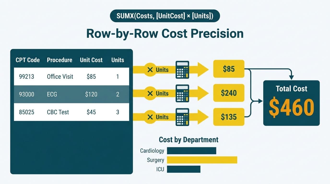 SUMX iterator arrows evaluate three hospital cost table rows then converge into a single total cost KPI card