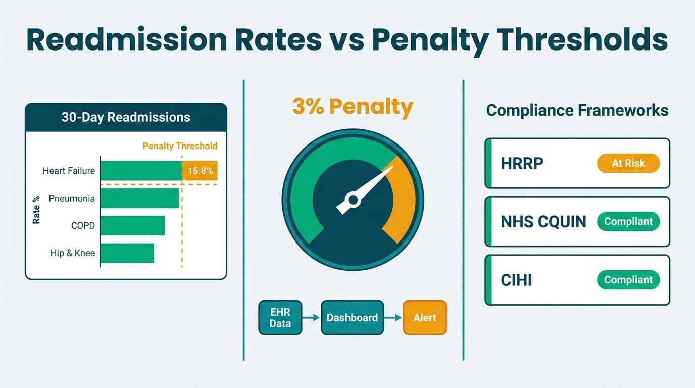 Power BI dashboard comparing hospital readmission rates to HRRP penalty thresholds across four conditions