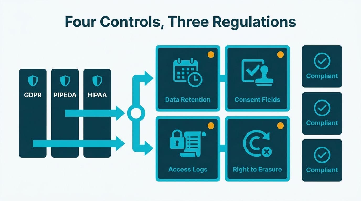 Four CRM compliance controls mapped to GDPR, PIPEDA, and HIPAA regulations via flow arrows