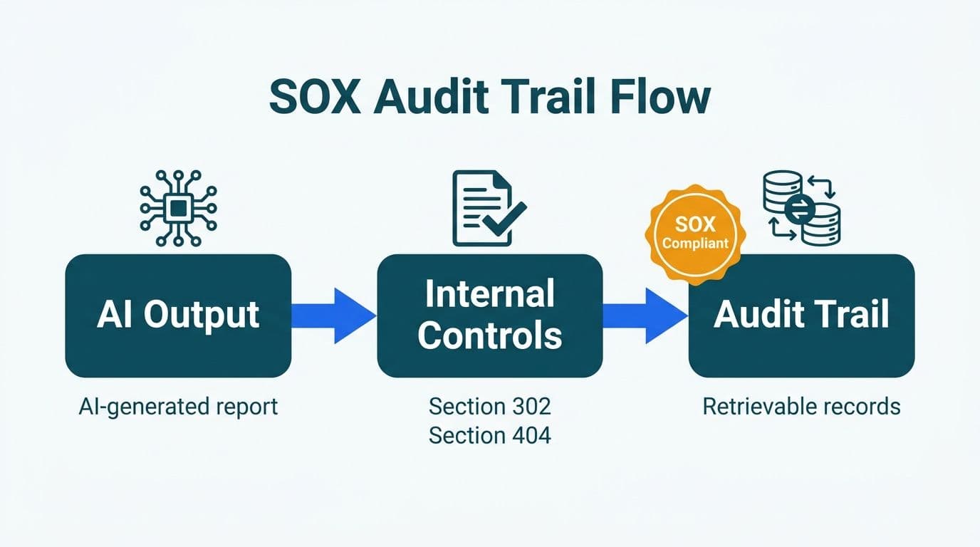 Three-step flow from AI output through documented internal controls to a retrievable SOX audit trail