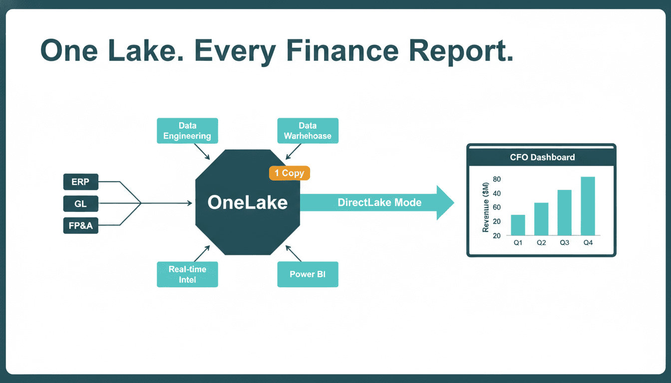 Microsoft Fabric architecture hub showing OneLake connecting ERP, GL, FP&A sources to a CFO finance dashboard via DirectLake