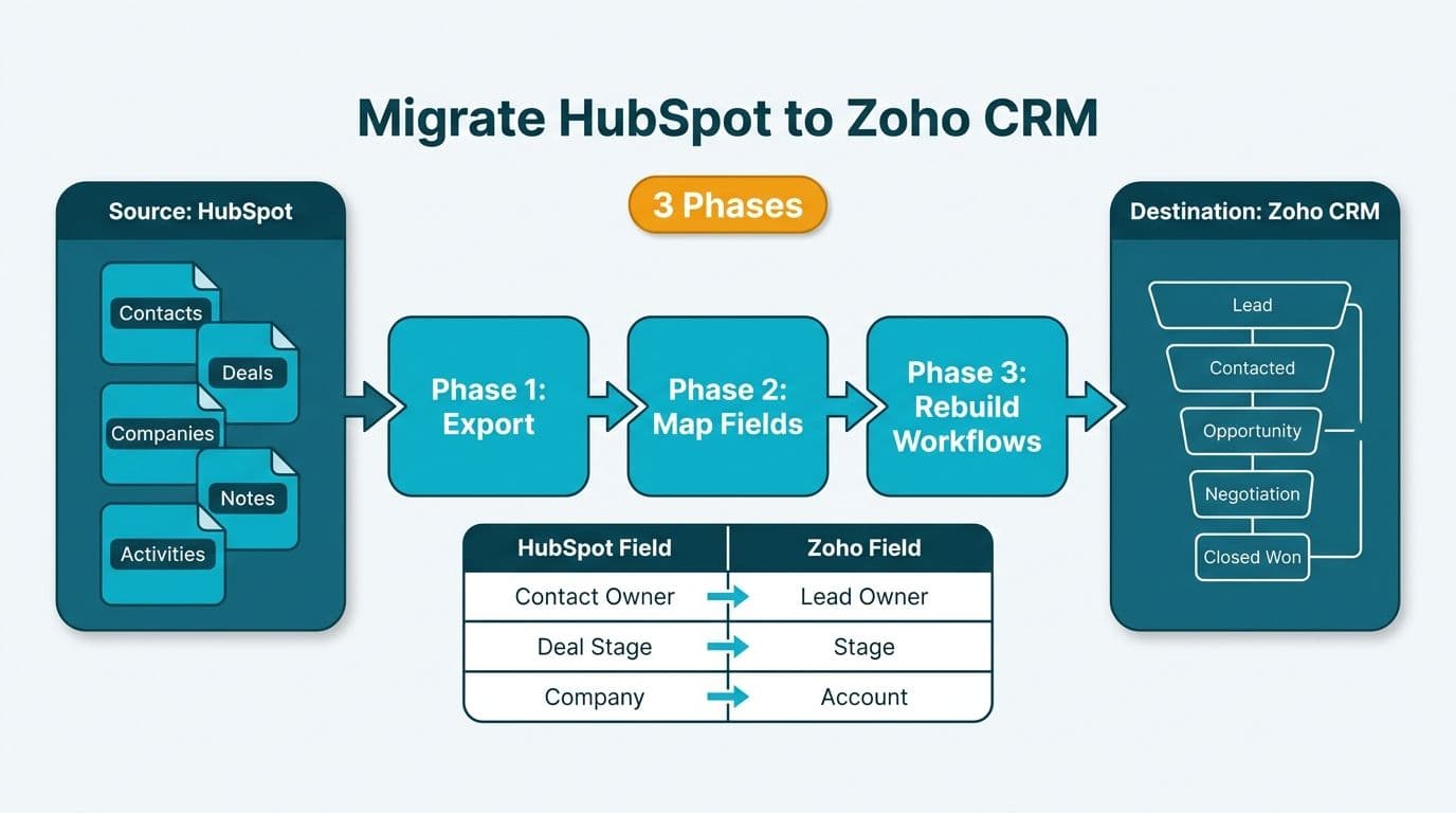 Three-phase migration pipeline from HubSpot data export through field mapping to Zoho CRM