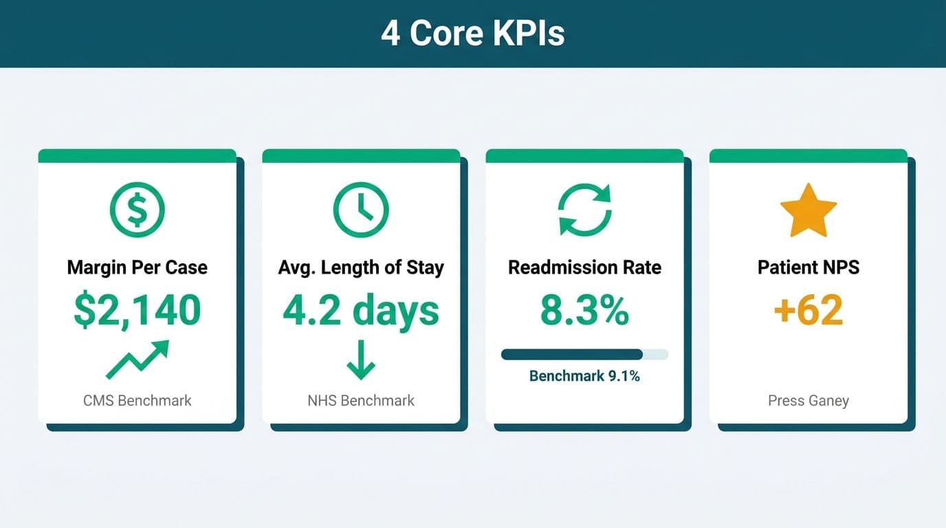Four KPI metric cards for hospital dashboard: margin per case, ALOS, readmission rate, and patient NPS