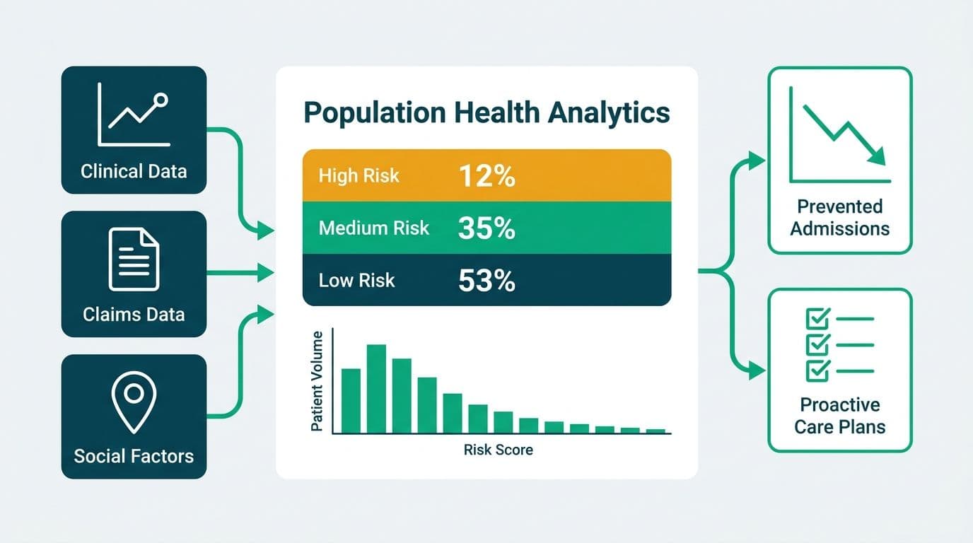 Risk stratification bands dividing a hospital patient population into high, medium, and low risk tiers with data sources and preventive care outcomes