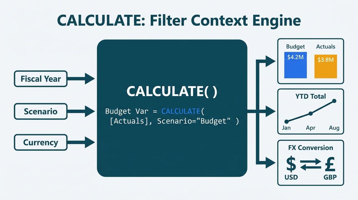 DAX CALCULATE function diagram with three filter inputs transforming into budget-vs-actuals bars, YTD line, and FX conversion cards