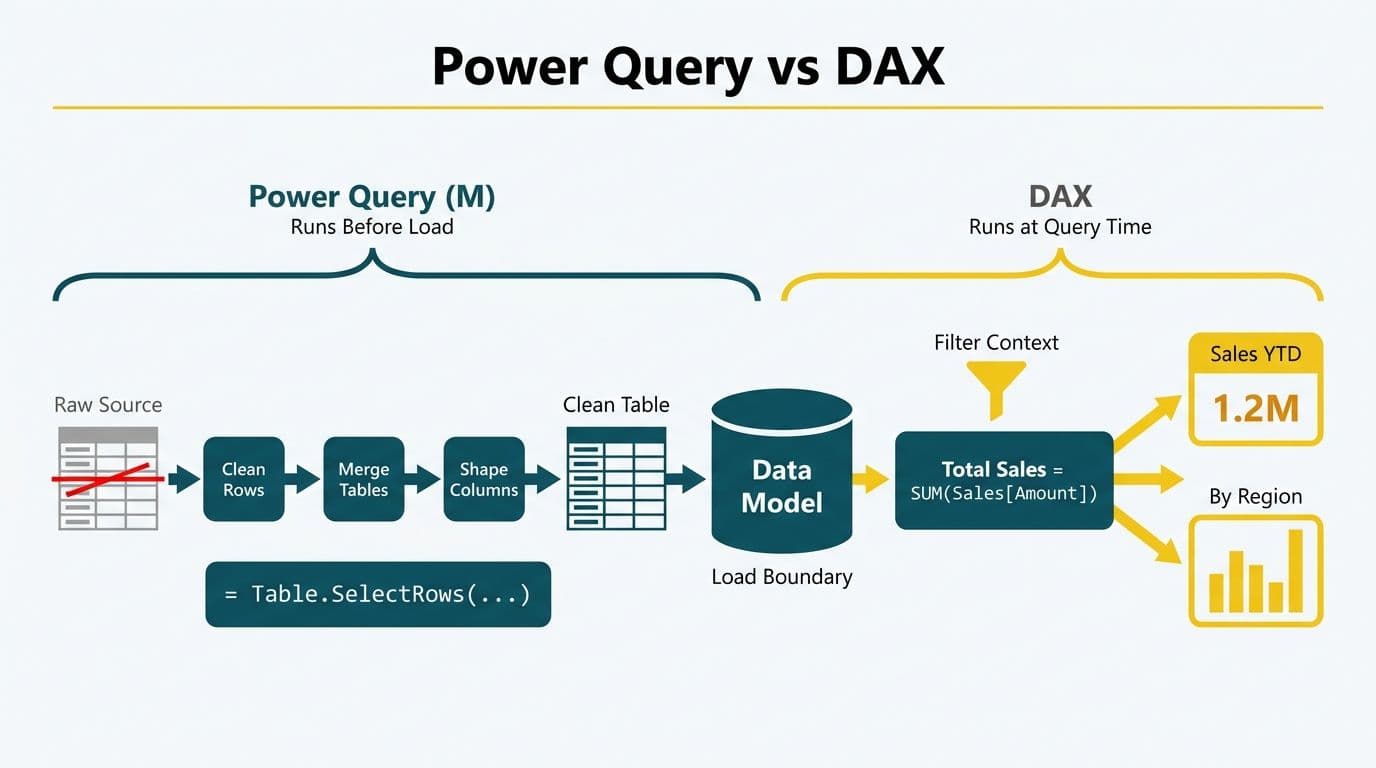 Split architecture diagram showing Power Query row transformations and DAX measures operating on two separate model layers