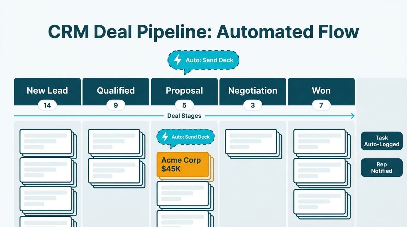 Five-stage CRM Kanban pipeline with deal cards, automated workflow trigger callout, and rep notification badges