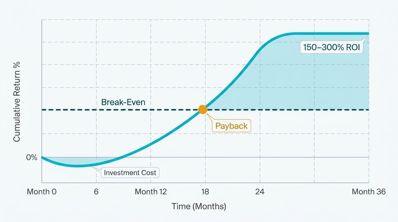 Line chart showing AI automation cumulative ROI dipping at investment then crossing break-even at month 12-18 and reaching 150-300% by month 36