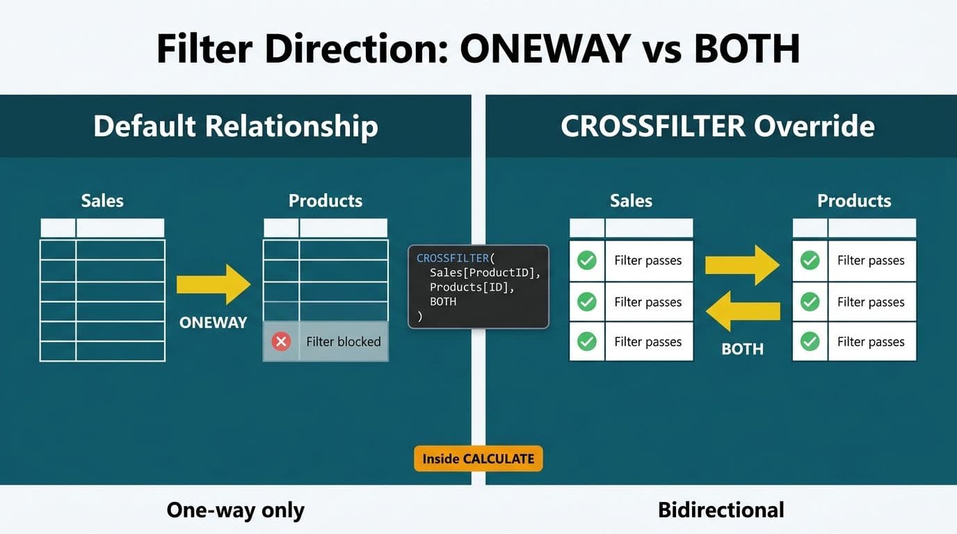 Split diagram contrasting single-direction and bidirectional DAX CROSSFILTER table relationship arrows between Sales and Products