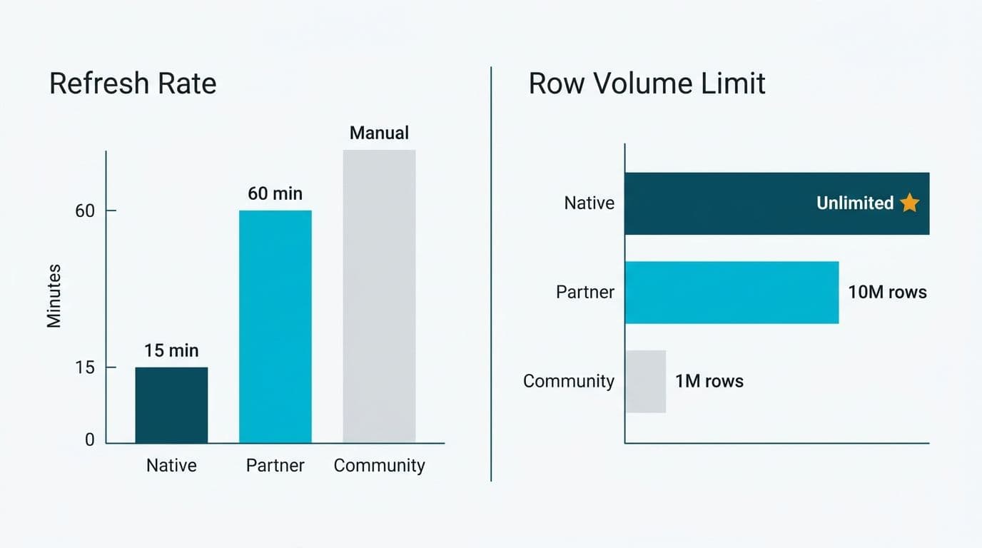 Dual bar charts comparing connector refresh rates in minutes and row volume limits across three Looker Studio connector types