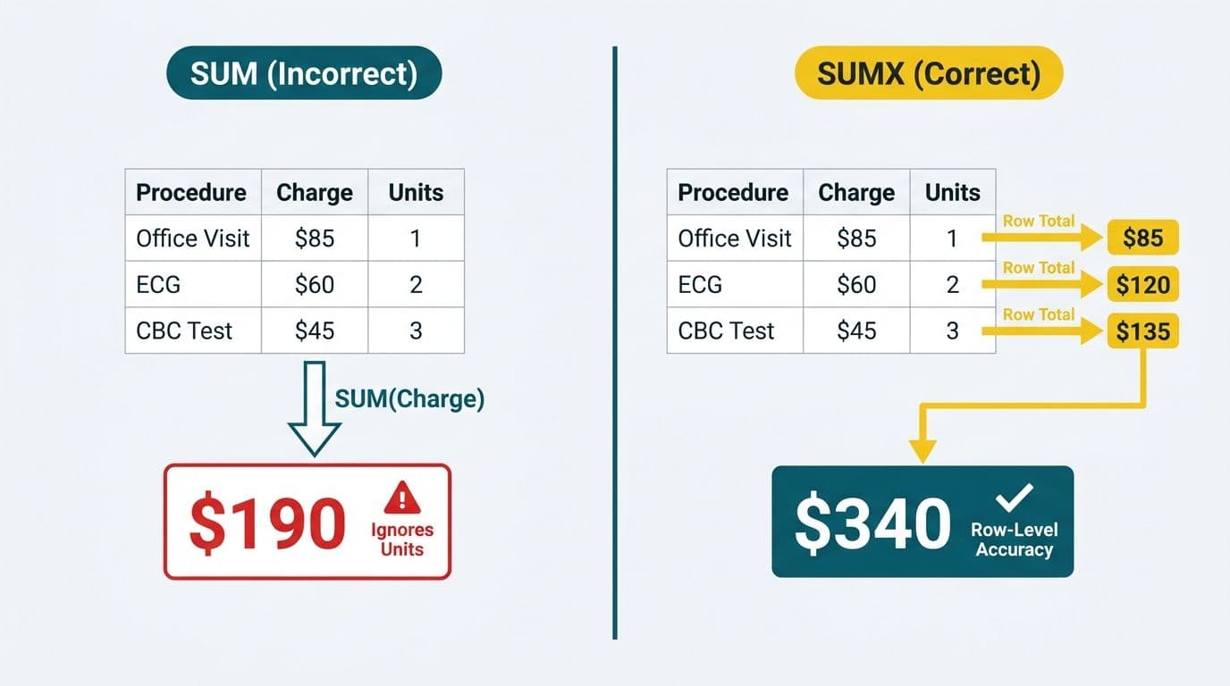 Side-by-side comparison showing SUM producing wrong hospital cost total versus SUMX iterating rows for accurate result