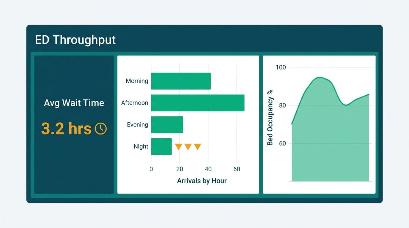 Power BI ED throughput dashboard template showing wait time KPI, hourly arrivals bar chart, and bed occupancy trend line