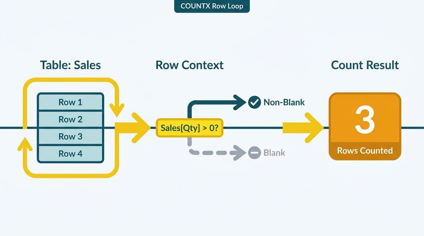 Three-stage flow showing COUNTX pulling each row into a context zone and evaluating an expression before counting