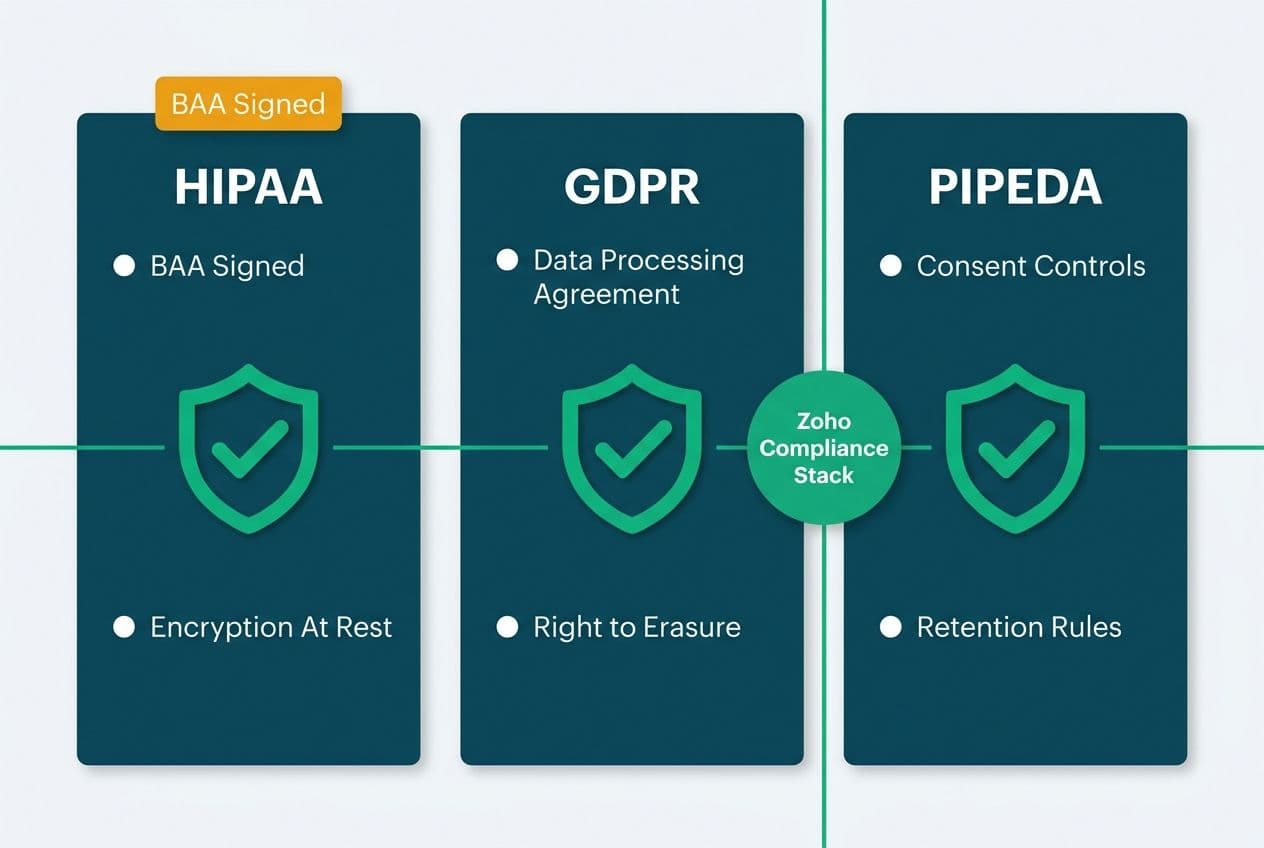 Three compliance framework panels — HIPAA, GDPR, PIPEDA — each listing key Zoho CRM configuration requirements