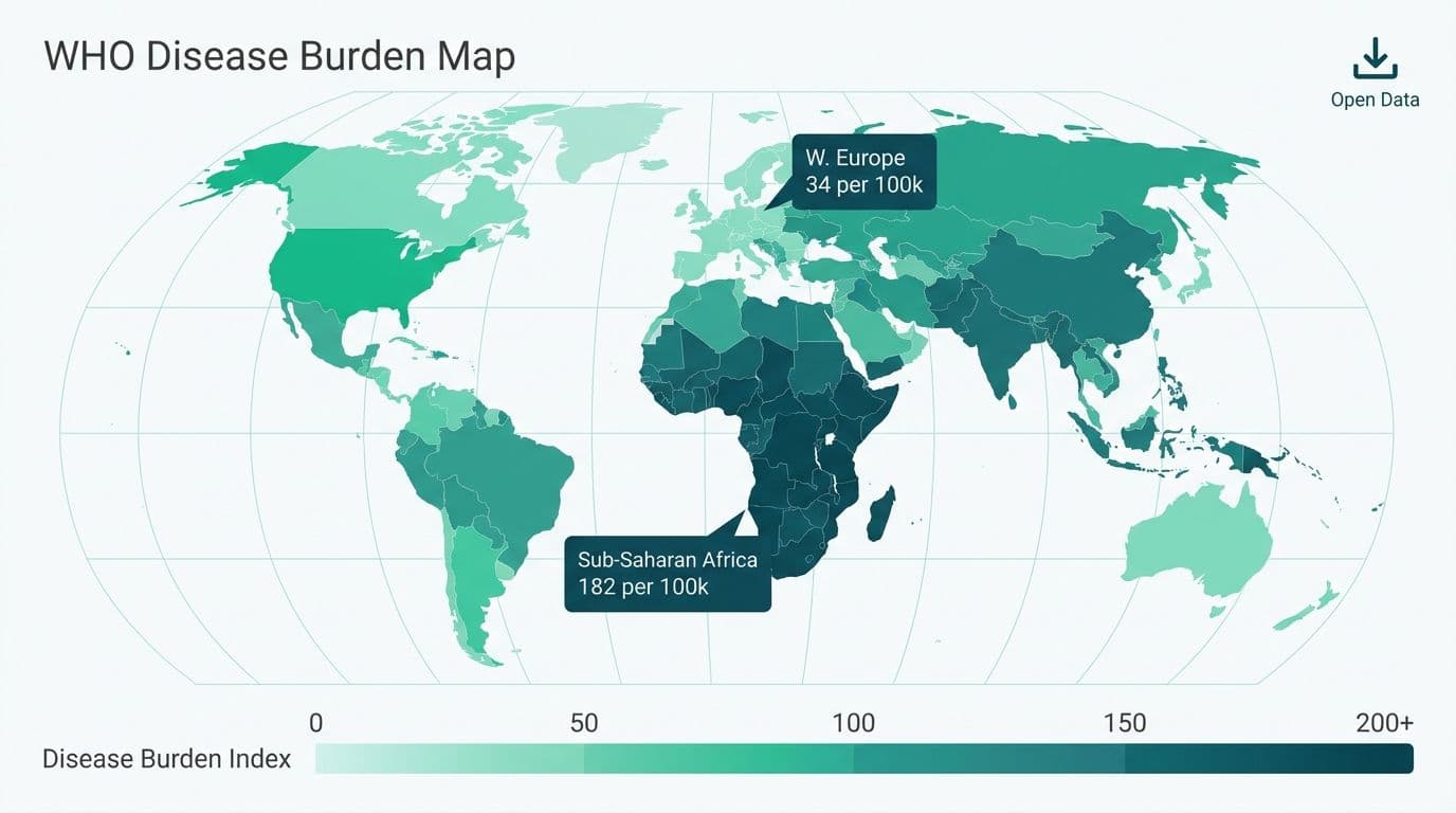 World choropleth map shaded by disease burden rate per 100k, with tooltip callouts for two regions