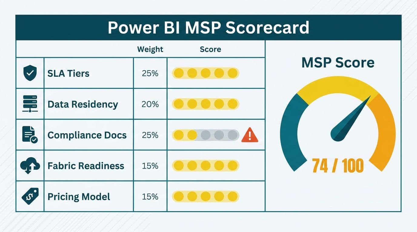 A five-criteria vendor scorecard matrix with weighted scores and a gauge showing 74 out of 100