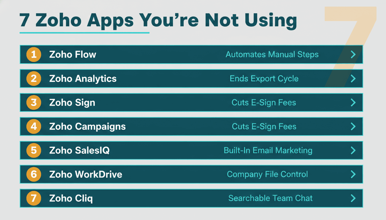 Seven ranked teal bars naming underused Zoho apps and the specific operational gap each one closes