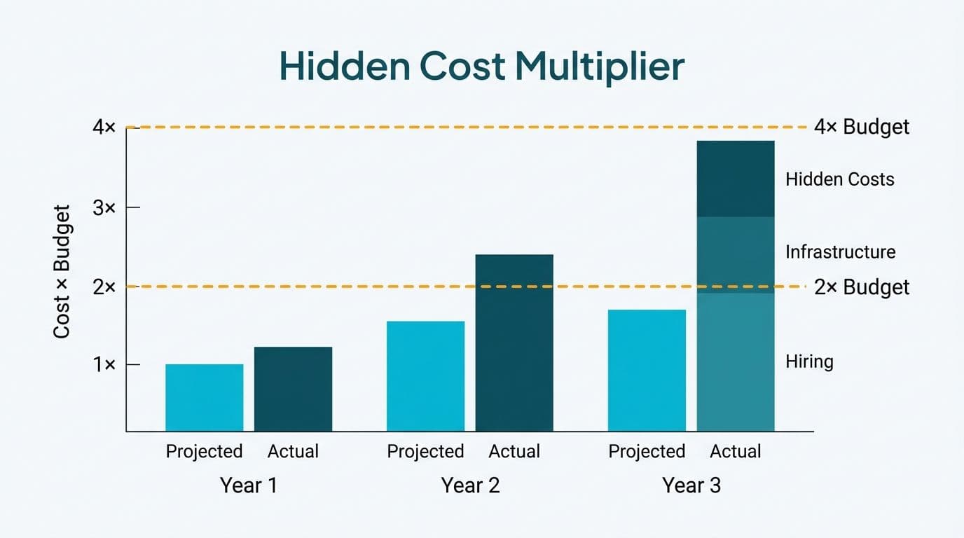 Grouped bar chart showing actual AI build costs reaching 4x over projected budget by year three