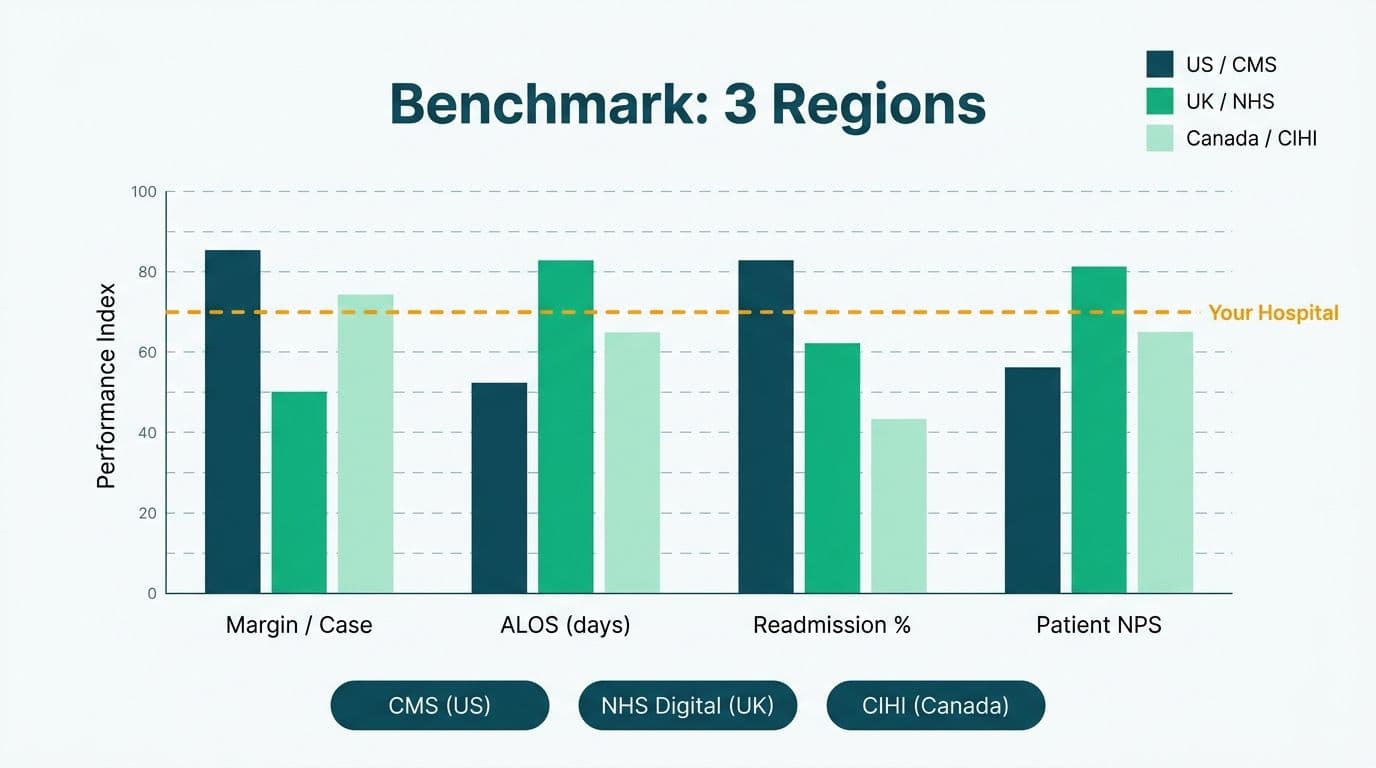 Grouped bar chart benchmarking four hospital KPIs across US CMS, UK NHS Digital, and Canada CIHI systems