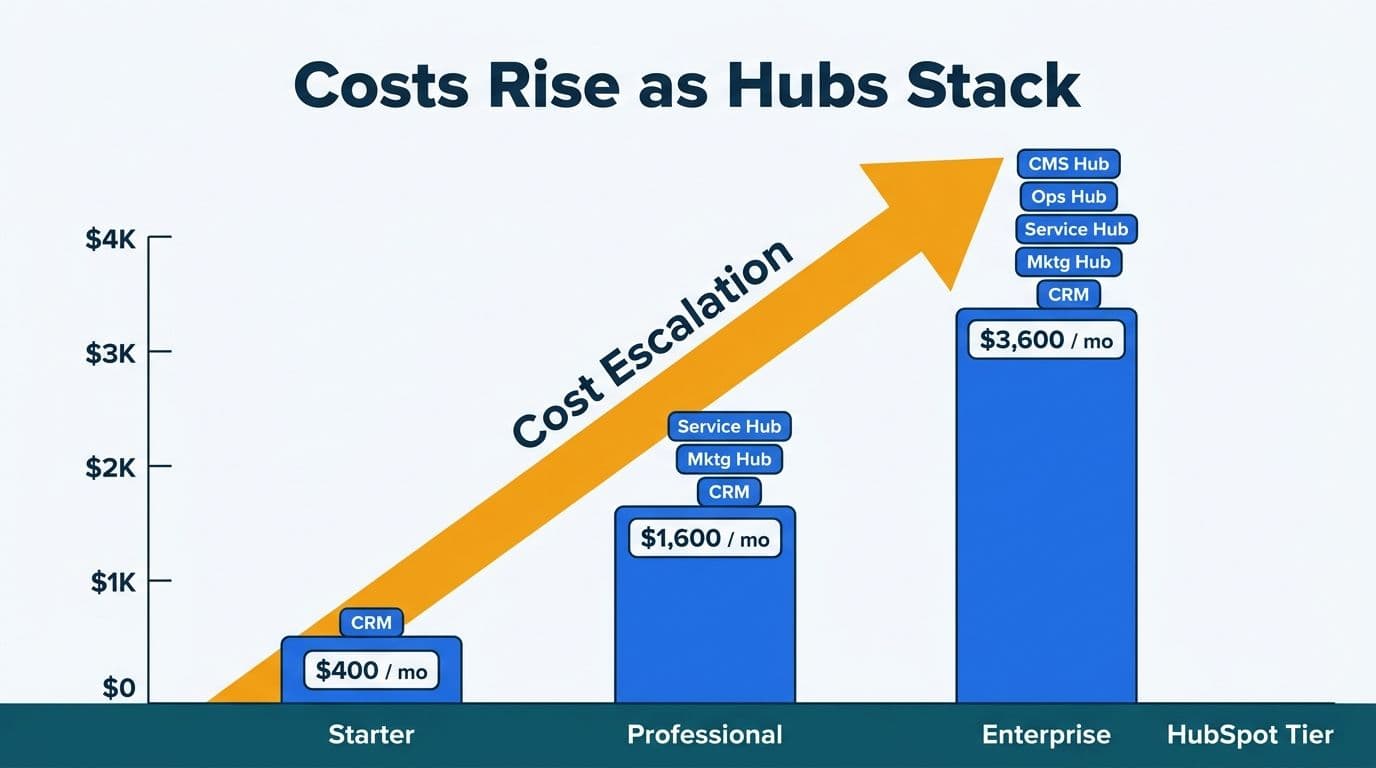 Staircase bar chart showing HubSpot pricing escalation from Starter through Professional to Enterprise as hub modules stack