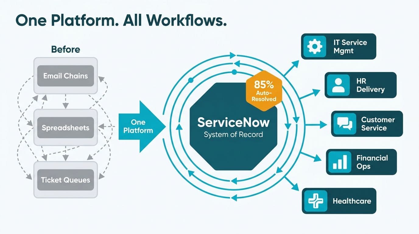 Hub-and-spoke diagram showing ServiceNow consolidating fragmented email, spreadsheets, and tickets into five unified department workflows