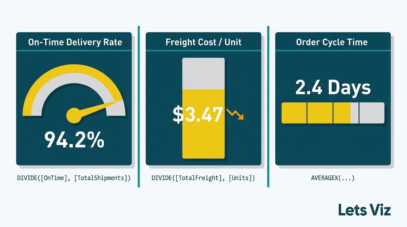 Three KPI gauge cards showing on-time delivery rate, freight cost per unit, and order cycle time