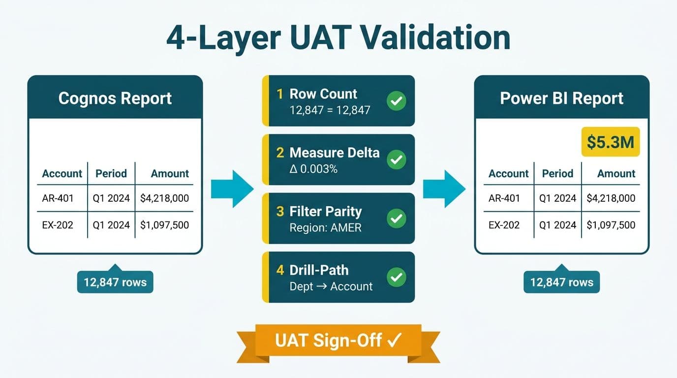 Three-panel diagram showing Cognos report and Power BI dashboard connected by four UAT validation test gates
