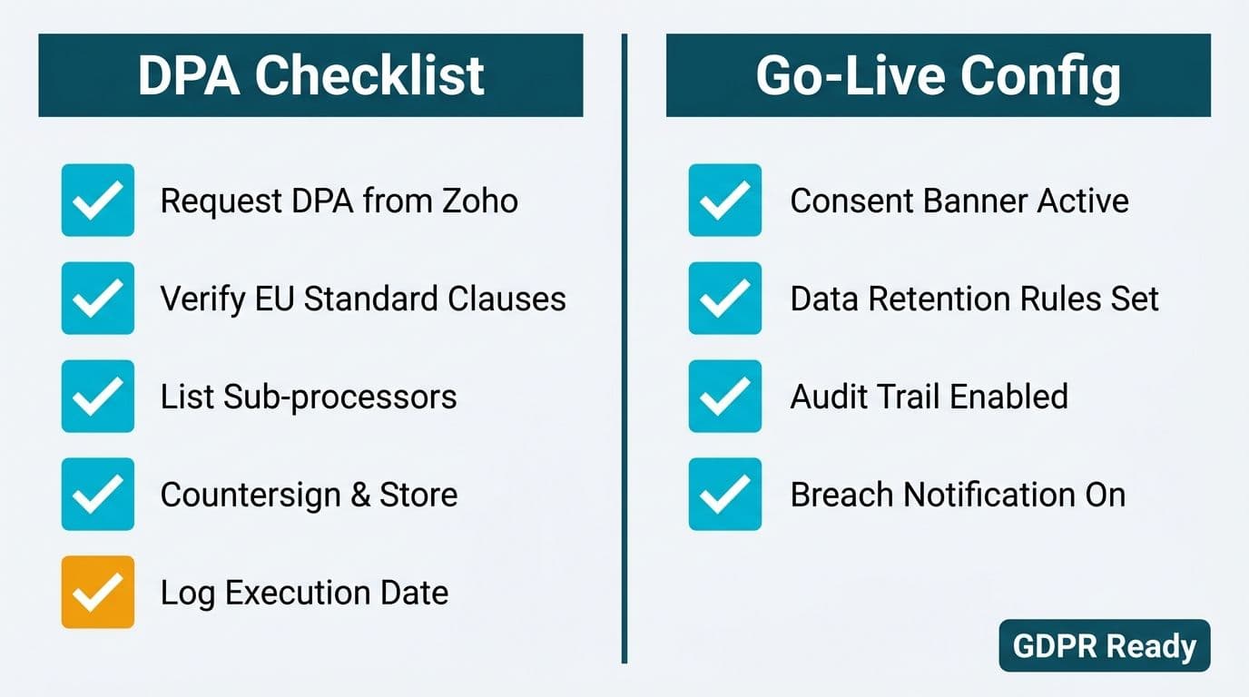 Side-by-side DPA execution checklist and go-live configuration checklist with all items ticked and GDPR ready status badge
