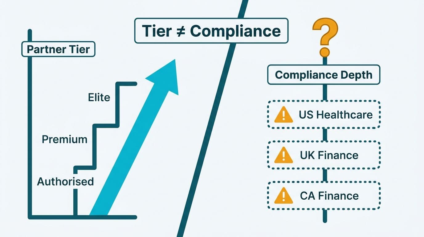 Two independent vertical scales showing partner tier and compliance depth as separate unlinked dimensions with sector warning tags