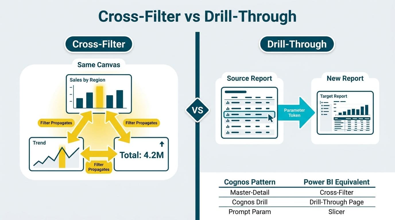 Split-panel diagram comparing cross-filter propagation across connected visuals with Cognos drill-through navigating to a separate target report